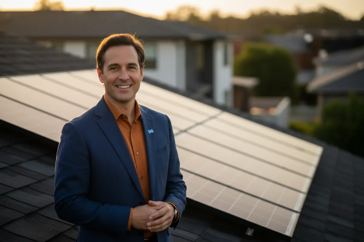 Smiling homeowner with solar panels